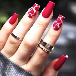 Nails Red Hearts Matte Press On Stylish Trendy Fake Glam Reusable Sexy Pretty